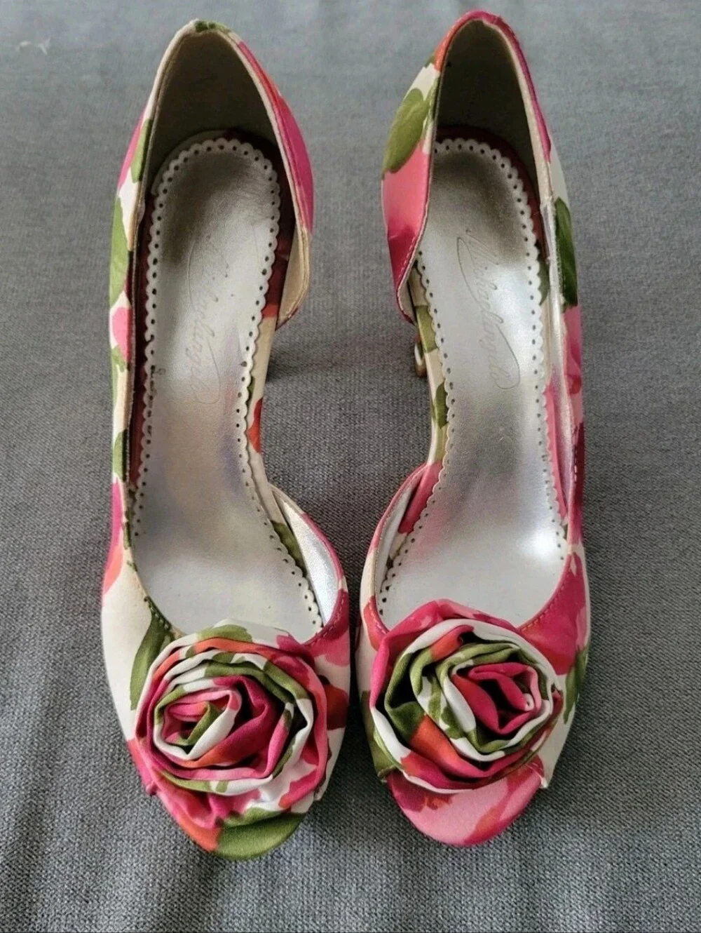 Y2k Michelangelo Bloom Satin Peep Toe Rose Bud Pumps Heels Leather Pink Sage 7.5